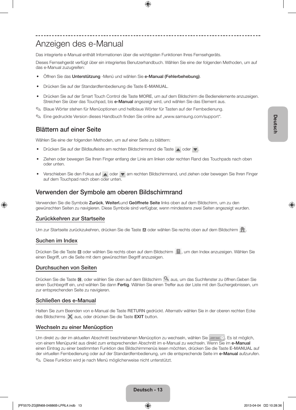 Anzeigen des e-manual, Blättern auf einer seite, Verwenden der symbole am oberen bildschirmrand | Samsung PS60F5570SS User Manual | Page 61 / 97