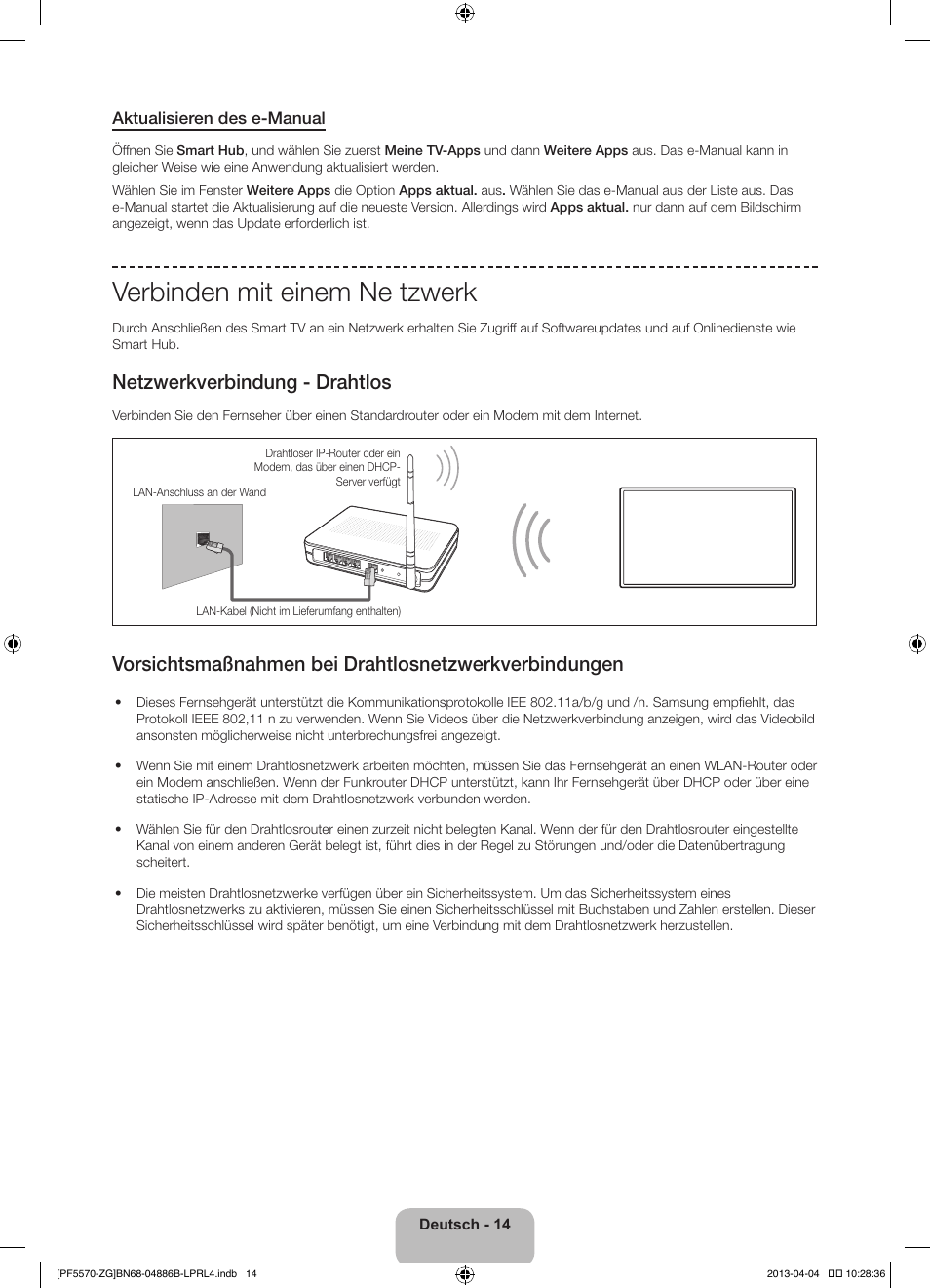 Verbinden mit einem ne tzwerk, Netzwerkverbindung - drahtlos | Samsung PS60F5570SS User Manual | Page 62 / 97