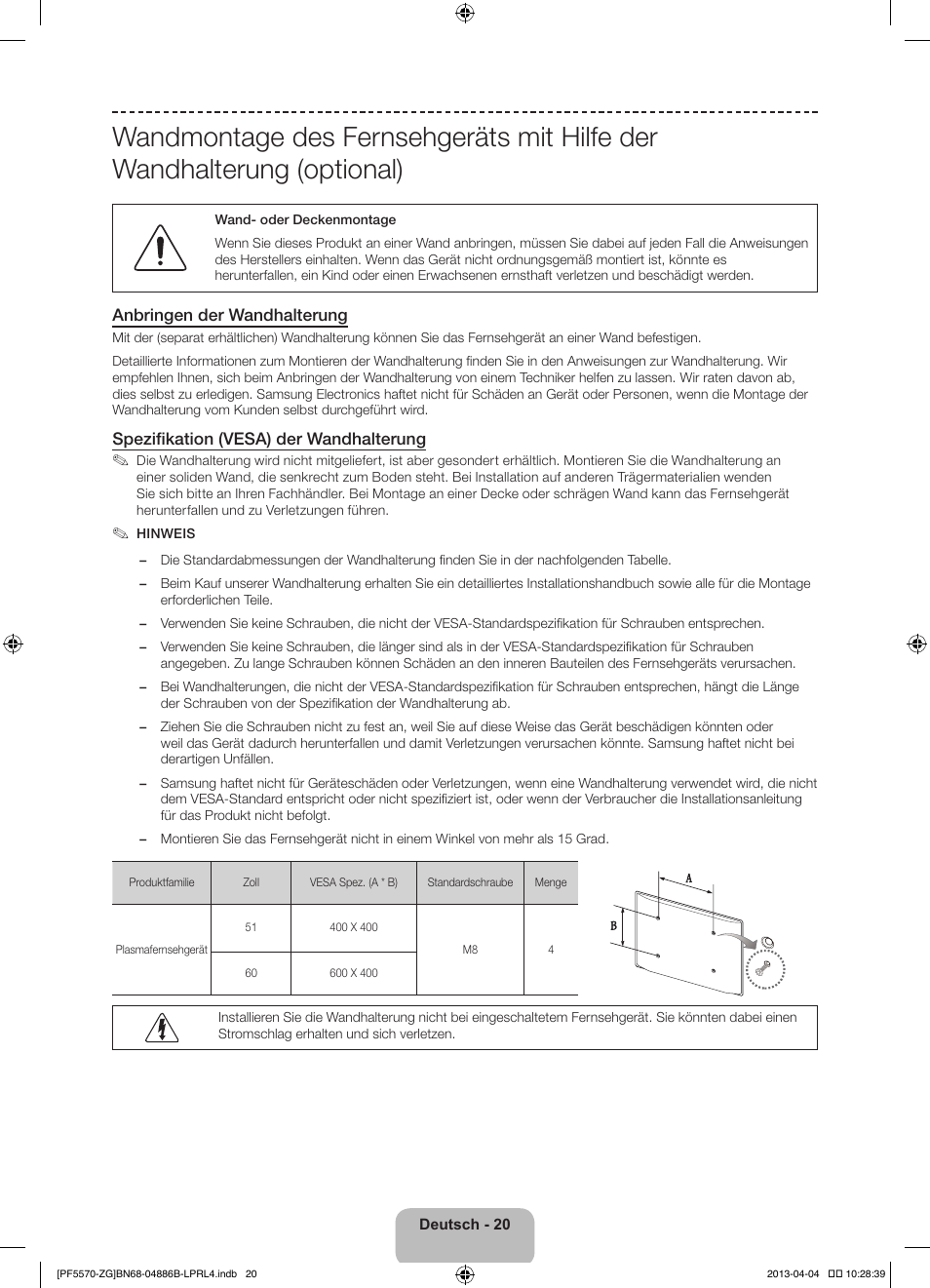 Anbringen der wandhalterung, Spezifikation (vesa) der wandhalterung | Samsung PS60F5570SS User Manual | Page 68 / 97