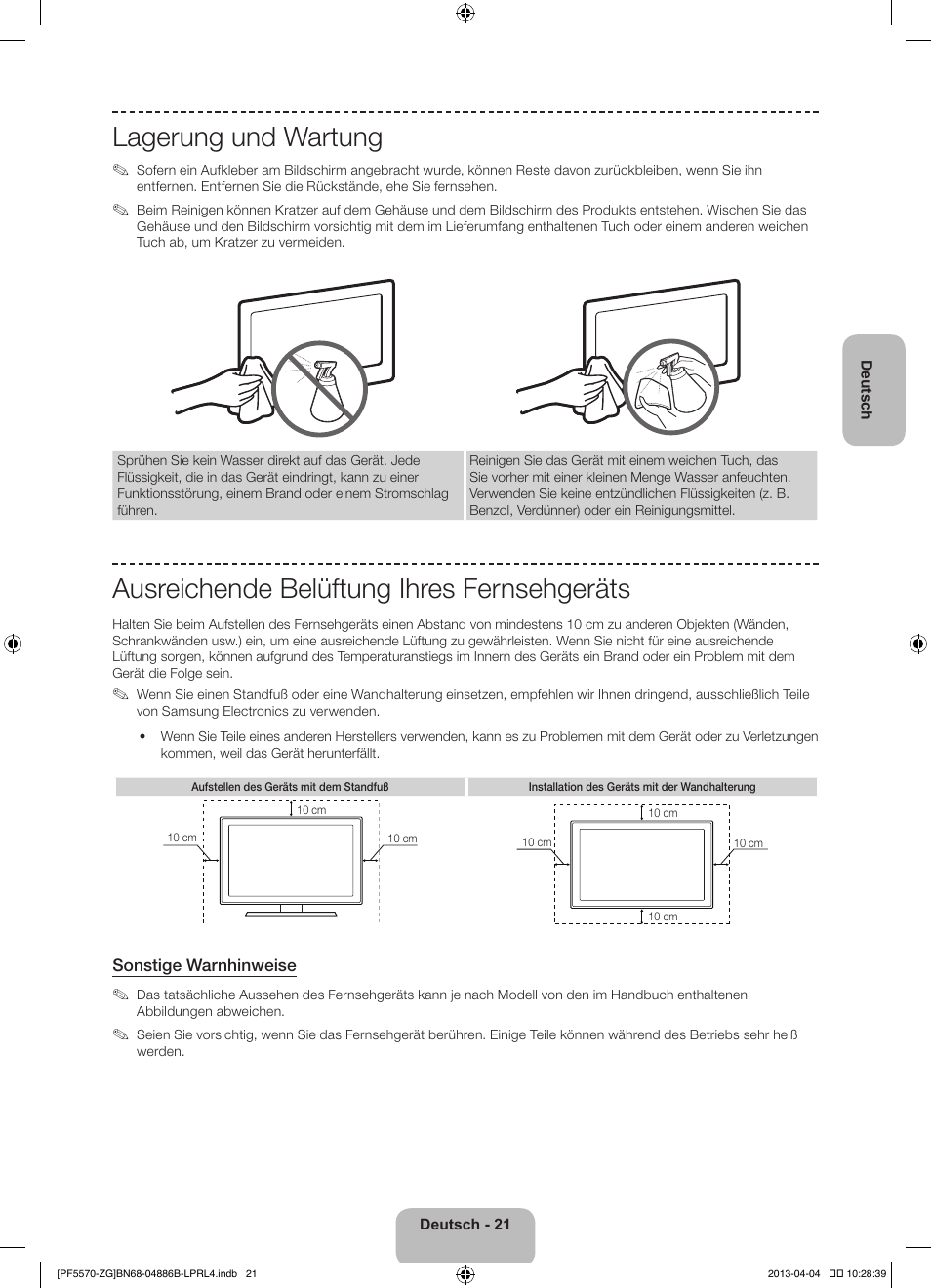 Lagerung und wartung, Ausreichende belüftung ihres fernsehgeräts | Samsung PS60F5570SS User Manual | Page 69 / 97