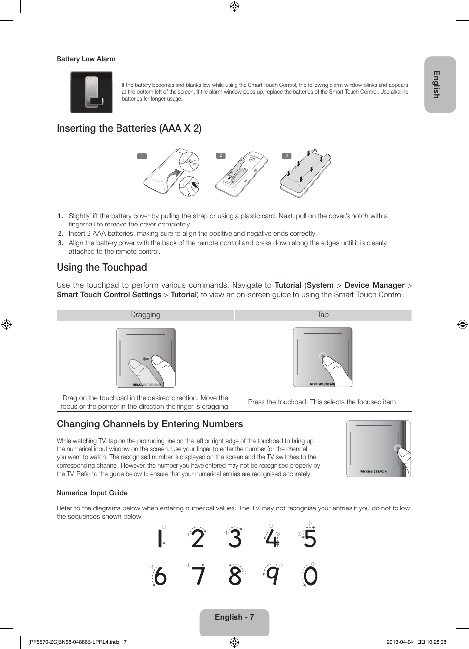 Inserting the batteries (aaa x 2), Using the touchpad, Changing channels by entering numbers | Samsung PS60F5570SS User Manual | Page 7 / 97