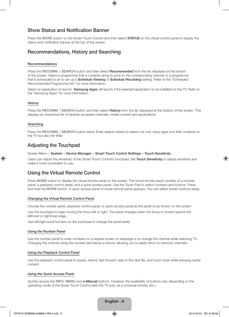 Show status and notification banner, Recommendations, history and searching, Adjusting the touchpad | Using the virtual remote control | Samsung PS60F5570SS User Manual | Page 8 / 97