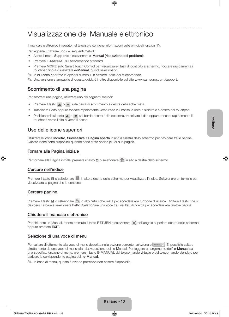 Visualizzazione del manuale elettronico, Scorrimento di una pagina, Uso delle icone superiori | Samsung PS60F5570SS User Manual | Page 85 / 97