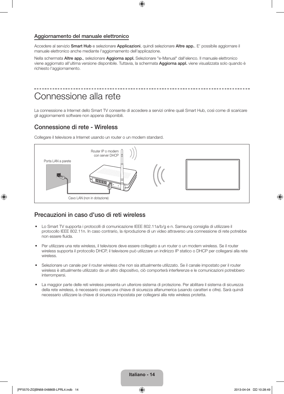 Connessione alla rete, Connessione di rete - wireless, Precauzioni in caso d'uso di reti wireless | Samsung PS60F5570SS User Manual | Page 86 / 97