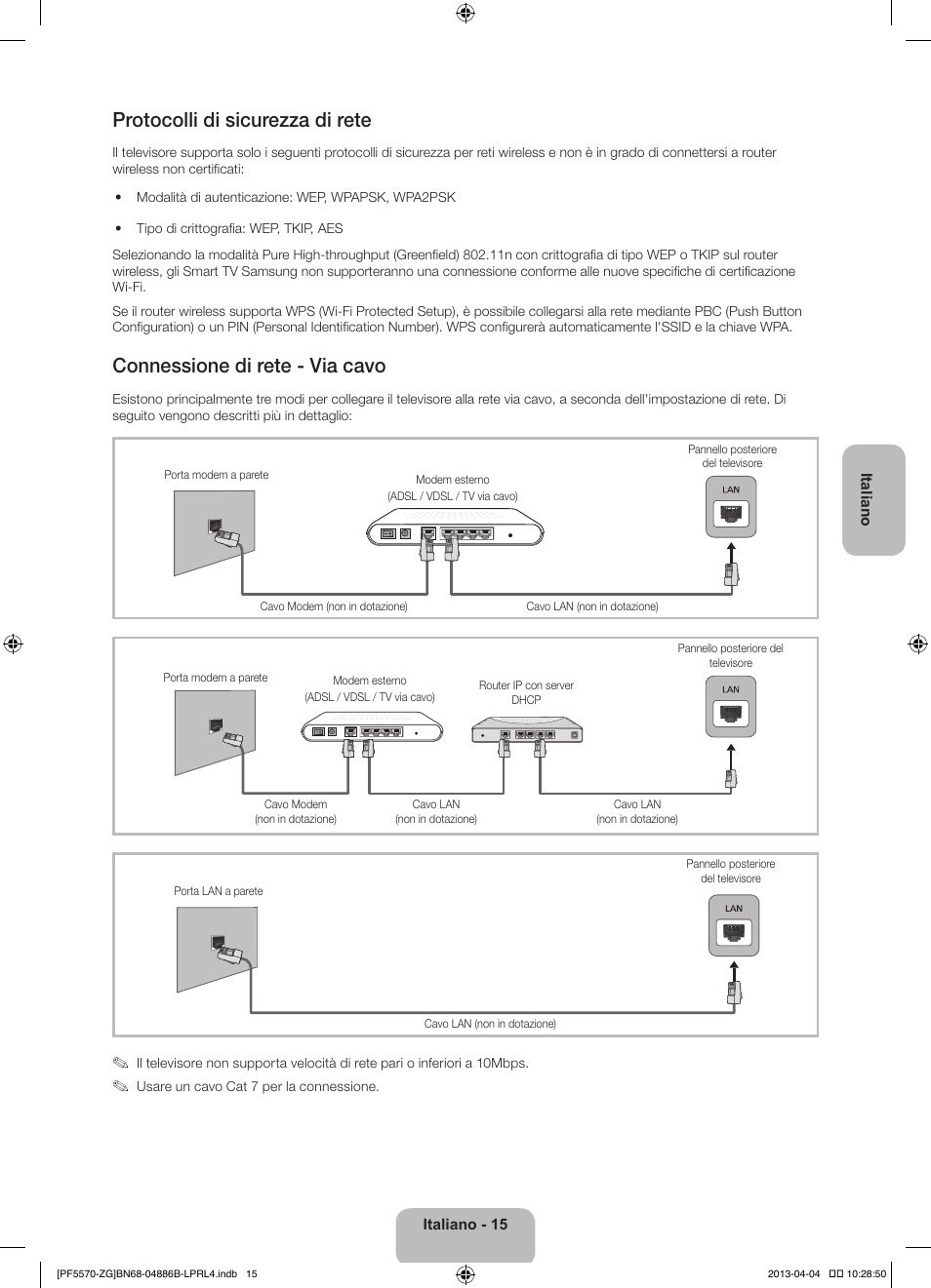 Protocolli di sicurezza di rete, Connessione di rete - via cavo | Samsung PS60F5570SS User Manual | Page 87 / 97