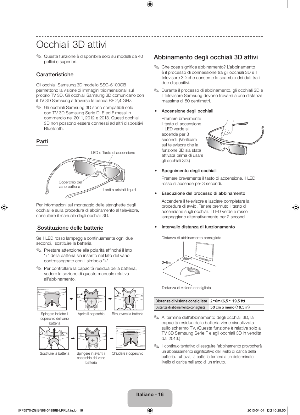 Occhiali 3d attivi, Abbinamento degli occhiali 3d attivi | Samsung PS60F5570SS User Manual | Page 88 / 97