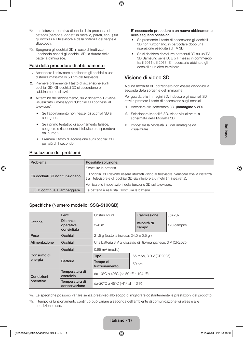 Visione di video 3d | Samsung PS60F5570SS User Manual | Page 89 / 97