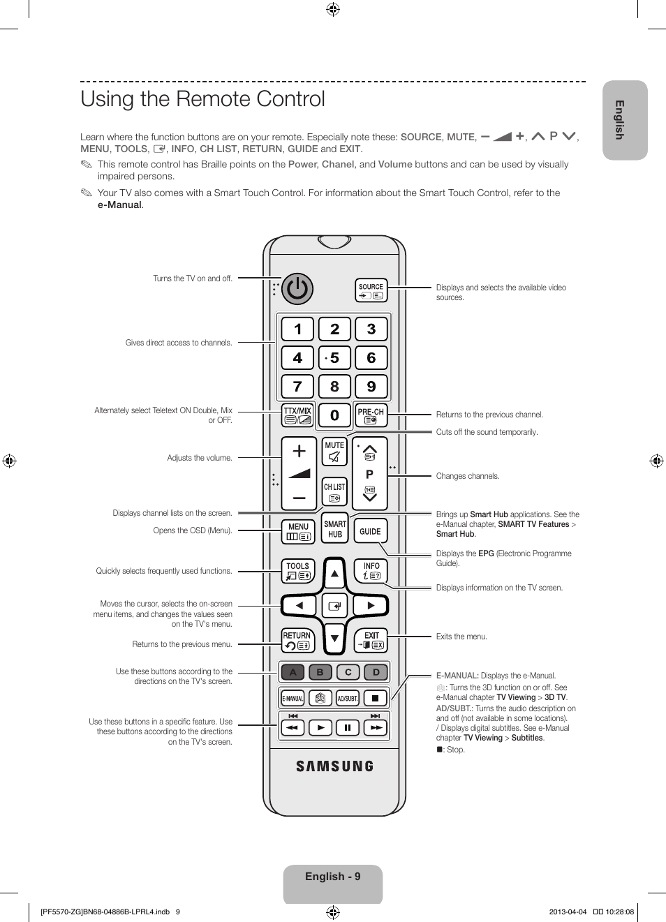 Using the remote control | Samsung PS60F5570SS User Manual | Page 9 / 97