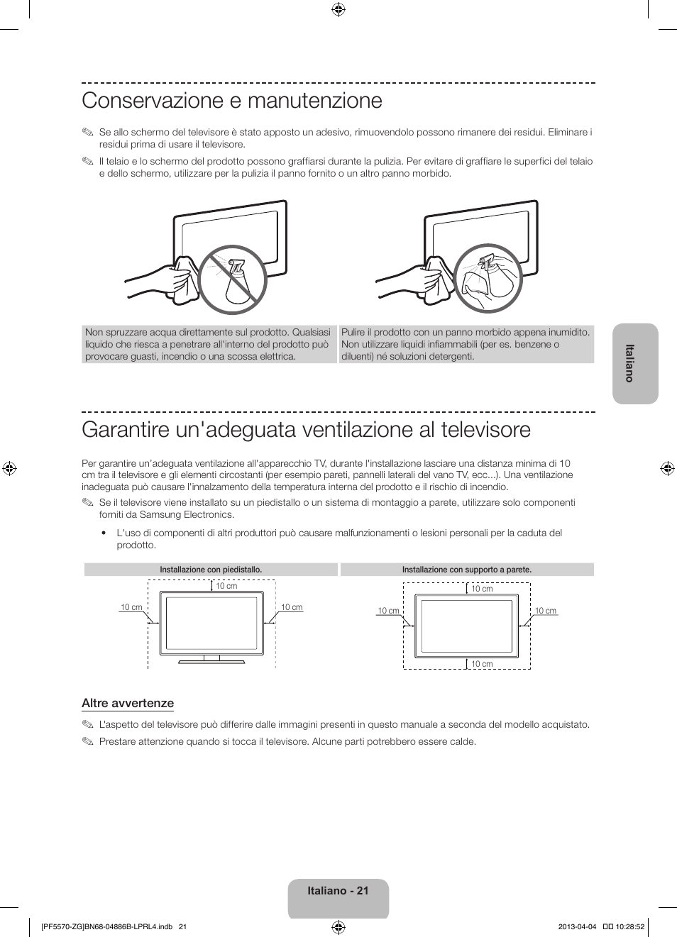 Conservazione e manutenzione, Garantire un'adeguata ventilazione al televisore | Samsung PS60F5570SS User Manual | Page 93 / 97