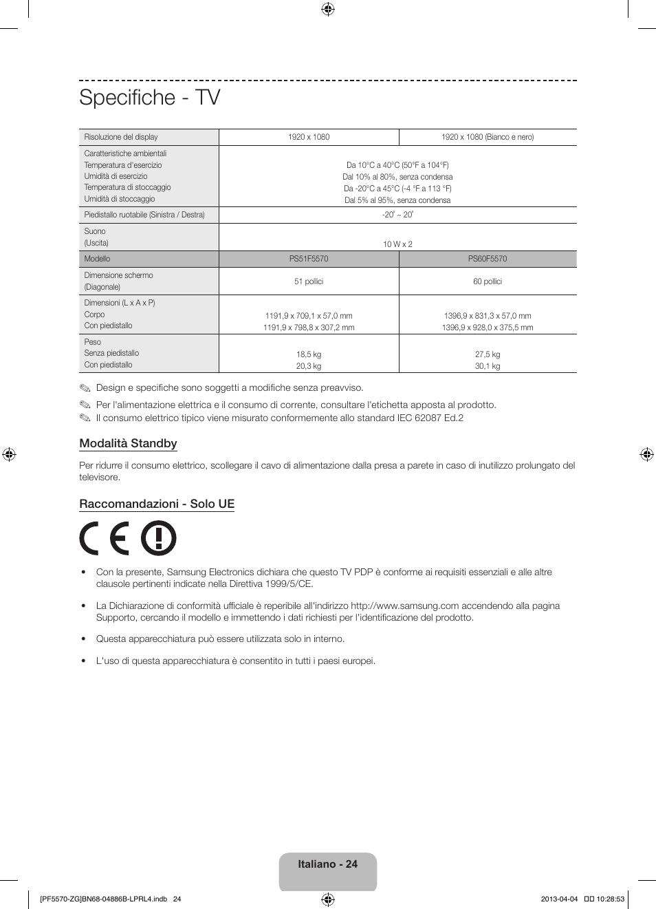 Specifiche - tv, Modalità standby, Raccomandazioni - solo ue | Samsung PS60F5570SS User Manual | Page 96 / 97