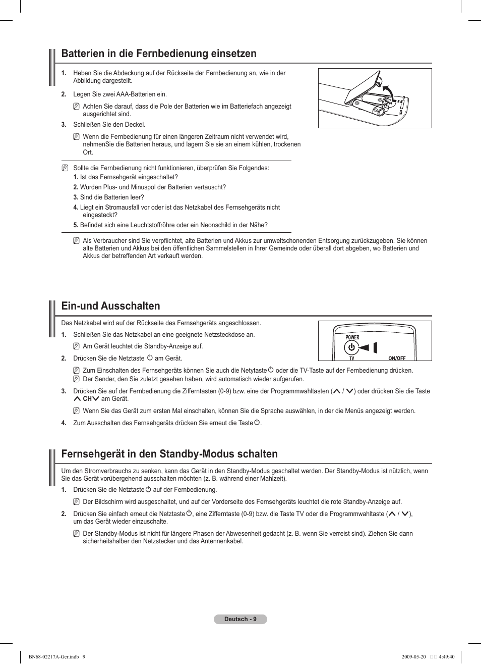 Batterien in die fernbedienung einsetzen, Ein-und ausschalten, Fernsehgerät in den standby-modus schalten | Samsung PS50B679S1S User Manual | Page 100 / 339