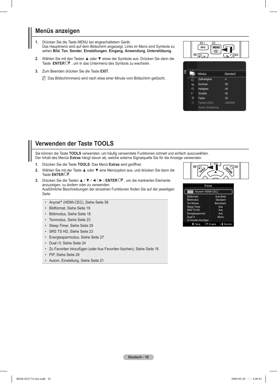 Menüs anzeigen, Verwenden der taste tools | Samsung PS50B679S1S User Manual | Page 101 / 339