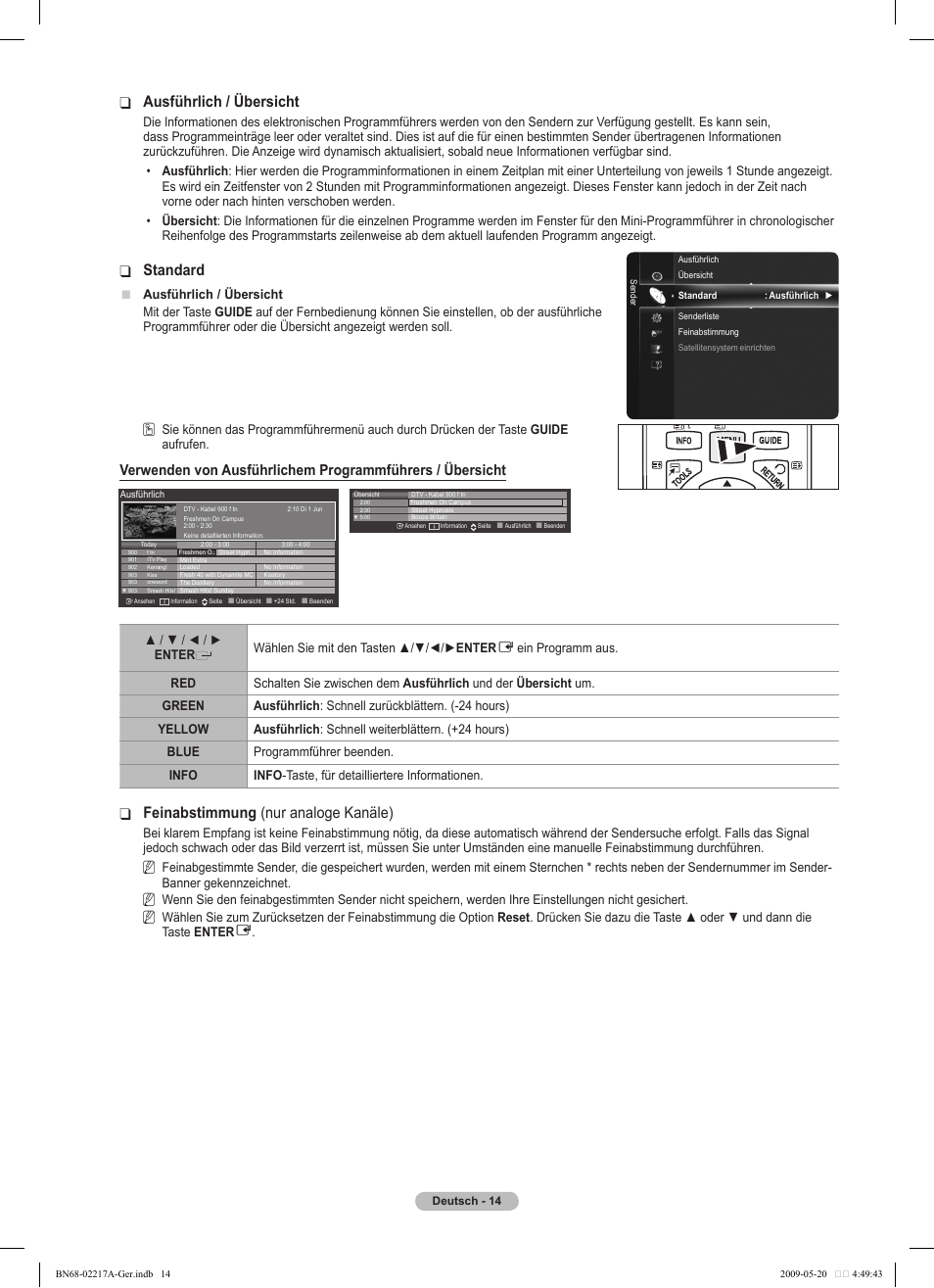 Ausführlich / übersicht, Standard, Feinabstimmung ❑ (nur analoge kanäle) | Samsung PS50B679S1S User Manual | Page 105 / 339