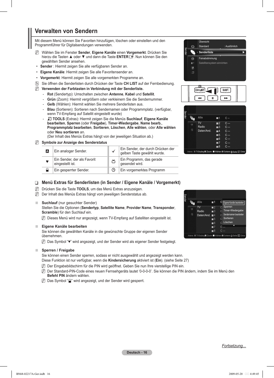 Verwalten von sendern, Fortsetzung | Samsung PS50B679S1S User Manual | Page 107 / 339