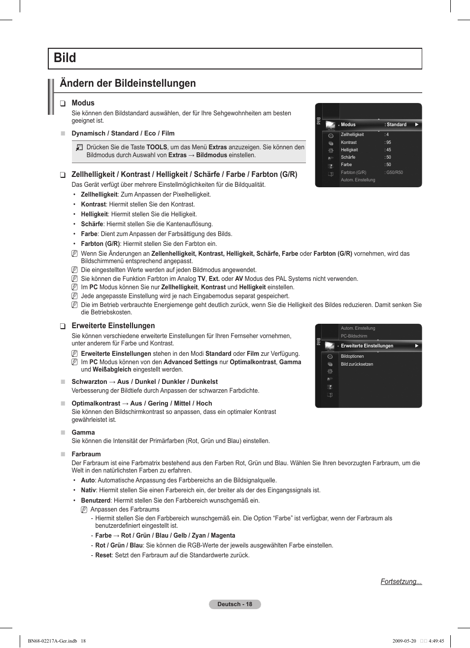 Bild, Ändern der bildeinstellungen | Samsung PS50B679S1S User Manual | Page 109 / 339