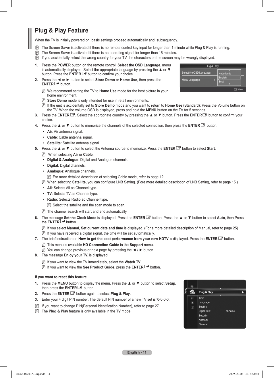 Plug & play feature | Samsung PS50B679S1S User Manual | Page 11 / 339