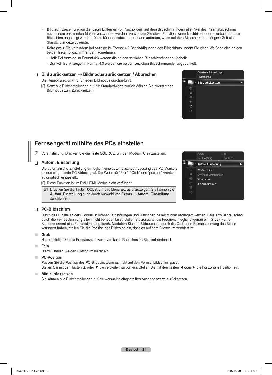 Fernsehgerät mithilfe des pcs einstellen, Autom. einstellung, Pc-bildschirm | Samsung PS50B679S1S User Manual | Page 112 / 339