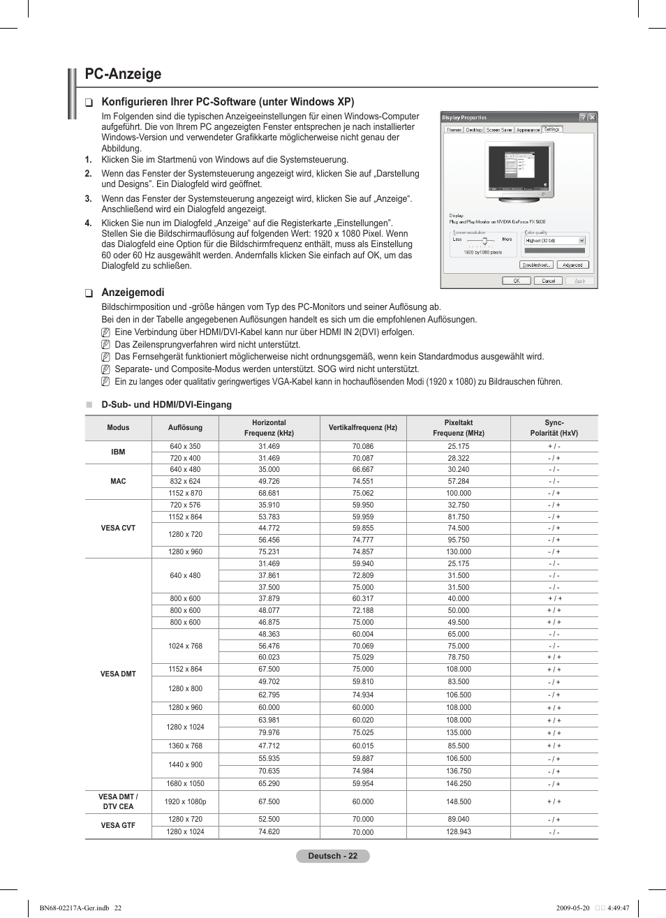 Pc-anzeige, Konfigurieren ihrer pc-software (unter windows xp), Anzeigemodi | Samsung PS50B679S1S User Manual | Page 113 / 339