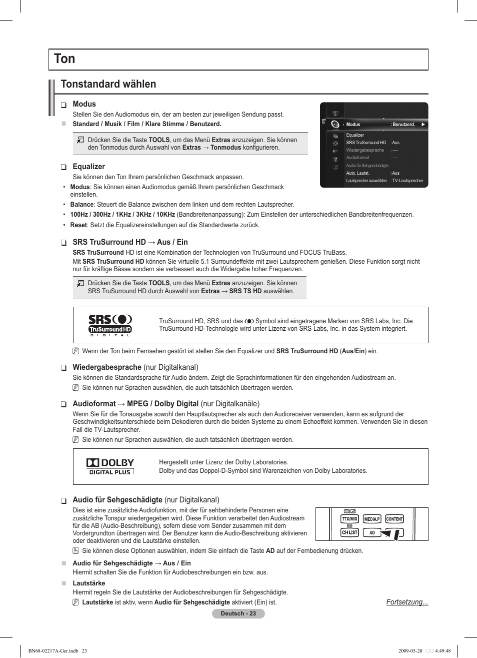 Tonstandard wählen | Samsung PS50B679S1S User Manual | Page 114 / 339