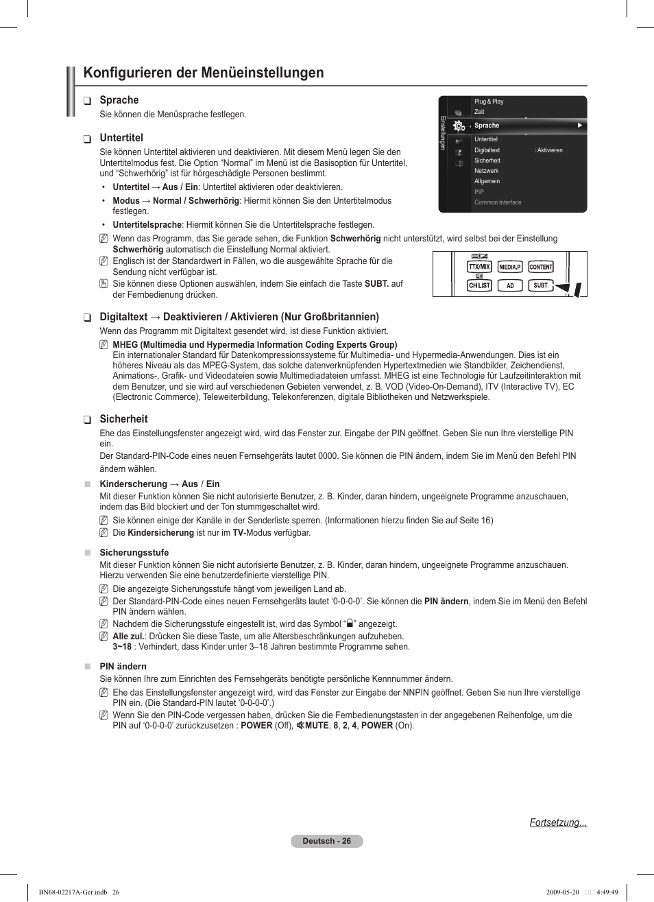 Konfigurieren der menüeinstellungen | Samsung PS50B679S1S User Manual | Page 117 / 339