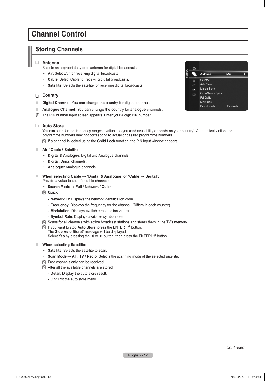 Channel control, Storing channels | Samsung PS50B679S1S User Manual | Page 12 / 339