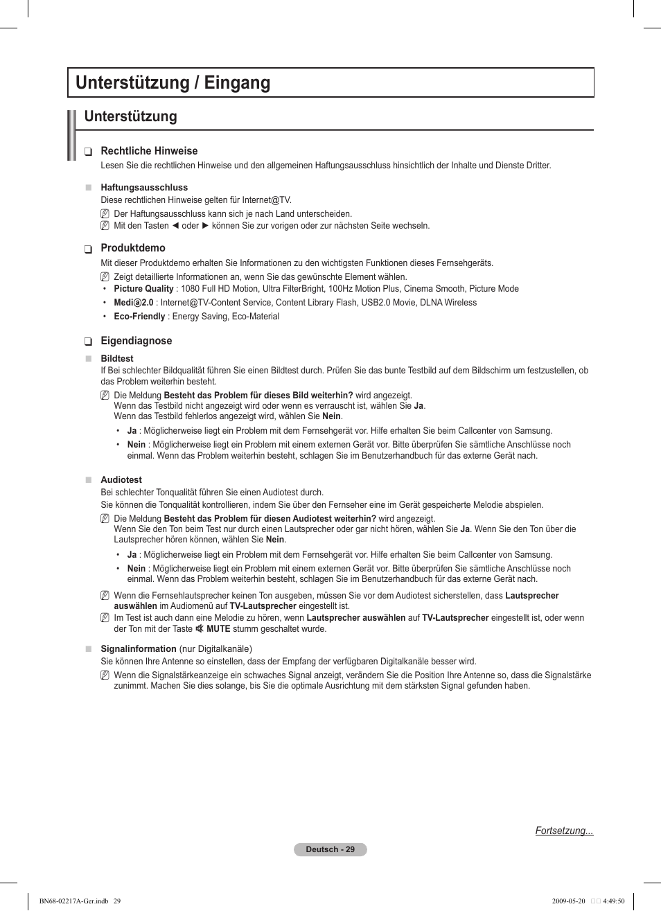 Unterstützung / eingang, Unterstützung | Samsung PS50B679S1S User Manual | Page 120 / 339