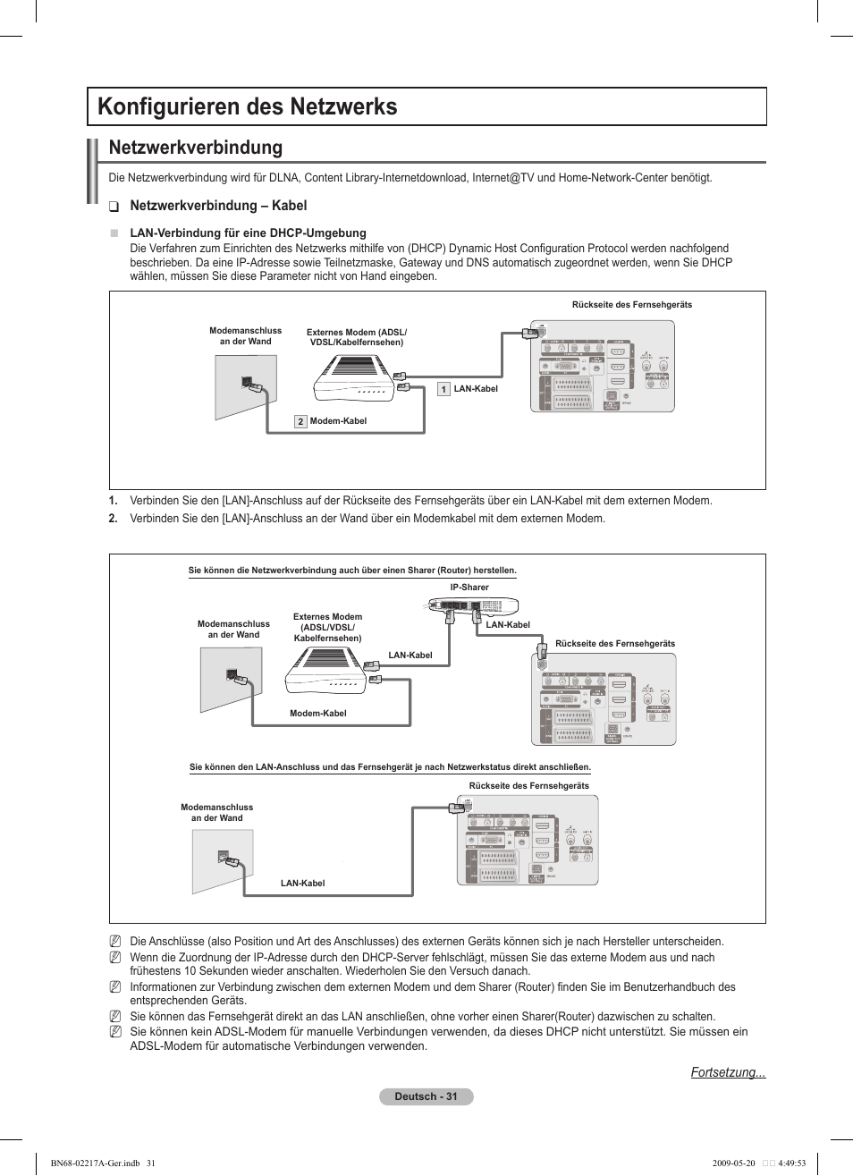 Konfigurieren des netzwerks, Netzwerkverbindung, Netzwerkverbindung – kabel | Samsung PS50B679S1S User Manual | Page 122 / 339