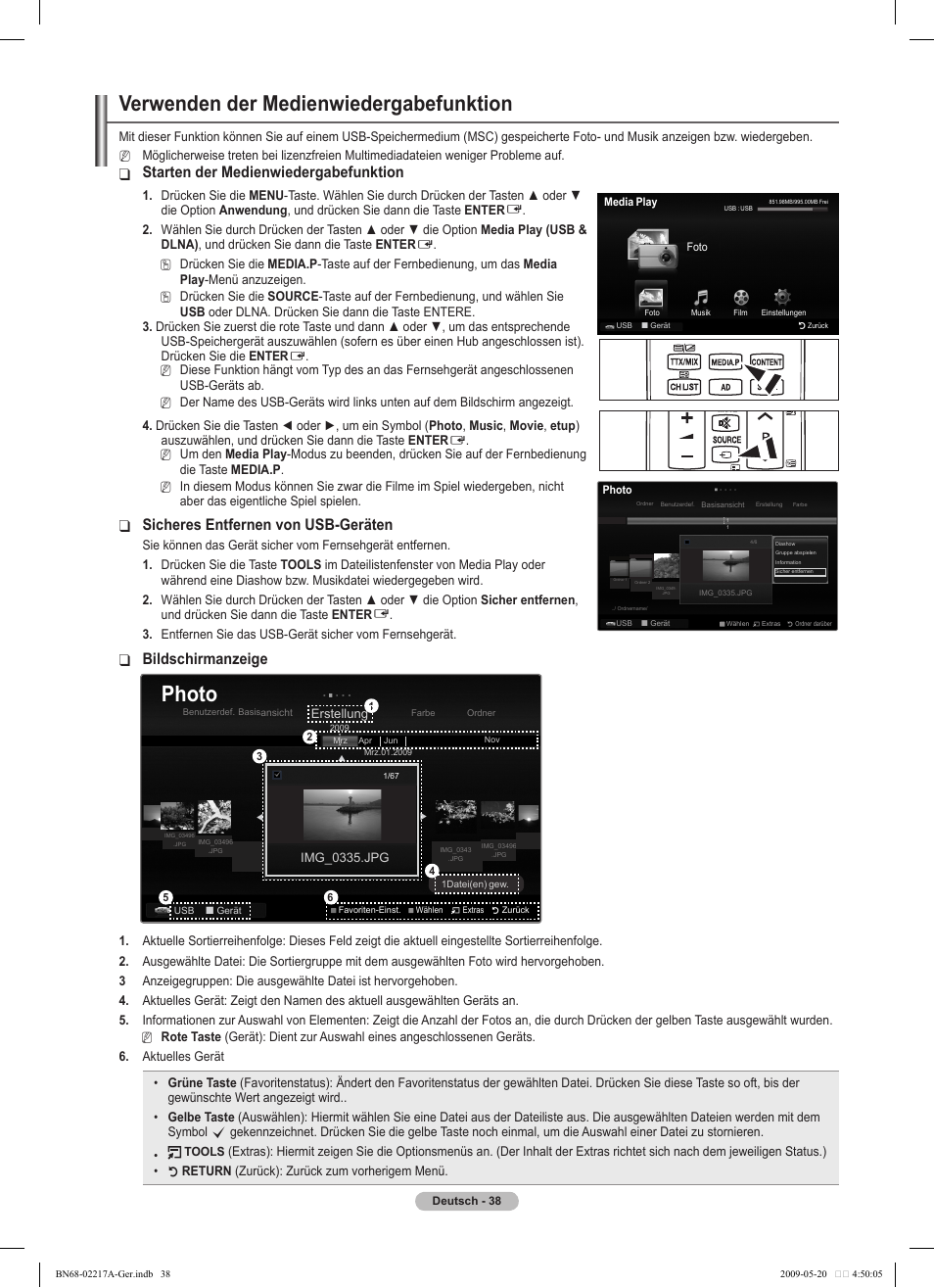 Verwenden der medienwiedergabefunktion, Photo, Starten der medienwiedergabefunktion | Sicheres entfernen von usb-geräten, Bildschirmanzeige | Samsung PS50B679S1S User Manual | Page 129 / 339