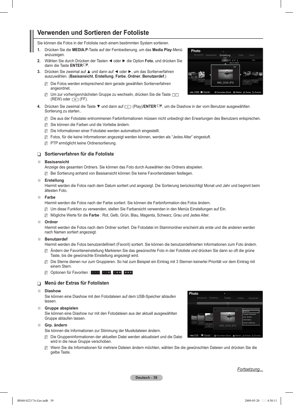 Verwenden und sortieren der fotoliste, Sortierverfahren für die fotoliste, Menü der extras für fotolisten | Fortsetzung | Samsung PS50B679S1S User Manual | Page 130 / 339