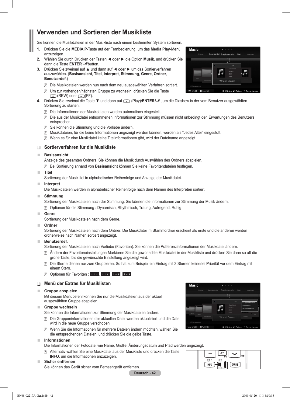 Verwenden und sortieren der musikliste, Sortierverfahren für die musikliste, Menü der extras für musiklisten | Samsung PS50B679S1S User Manual | Page 133 / 339