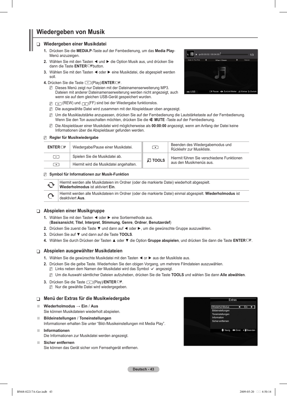 Wiedergeben von musik, Wiedergeben einer musikdatei, Abspielen einer musikgruppe | Abspielen ausgewählter musikdateien, Menü der extras für die musikwiedergabe | Samsung PS50B679S1S User Manual | Page 134 / 339