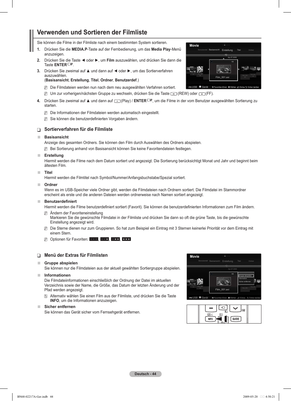 Verwenden und sortieren der filmliste, Sortierverfahren für die filmliste, Menü der extras für filmlisten | Samsung PS50B679S1S User Manual | Page 135 / 339