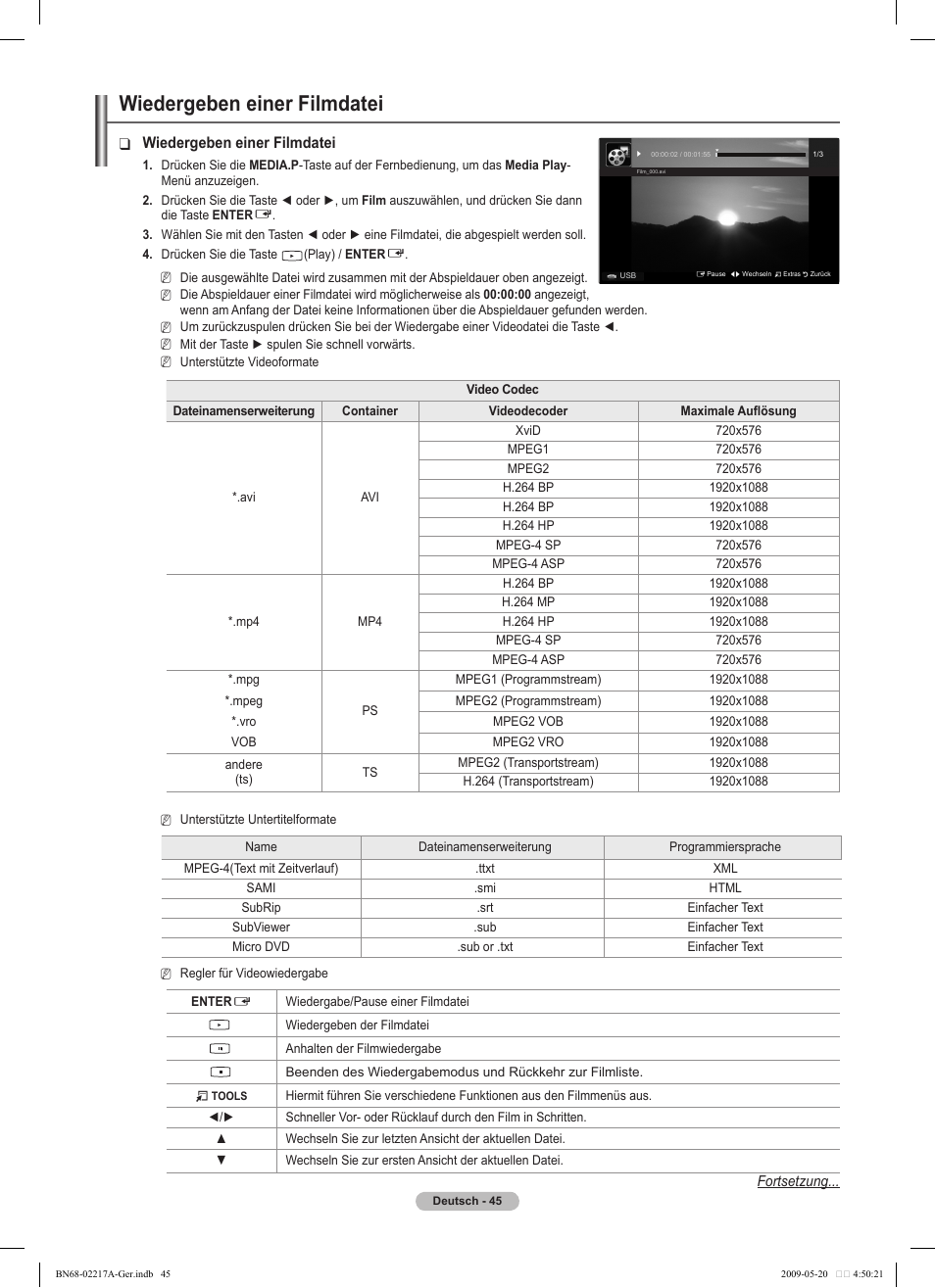 Wiedergeben einer filmdatei | Samsung PS50B679S1S User Manual | Page 136 / 339