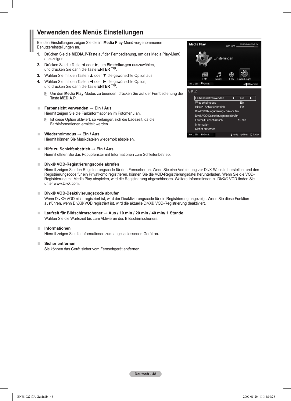 Verwenden des menüs einstellungen | Samsung PS50B679S1S User Manual | Page 139 / 339