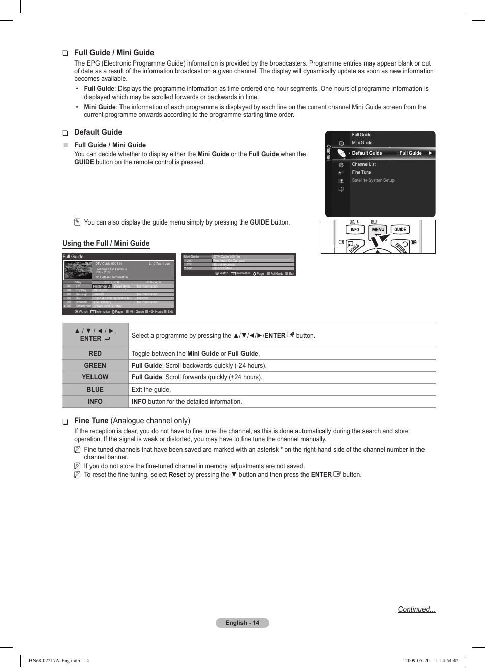 Full guide / mini guide, Default guide, Fine tune ❑ (analogue channel only) | Using the full / mini guide, Continued | Samsung PS50B679S1S User Manual | Page 14 / 339
