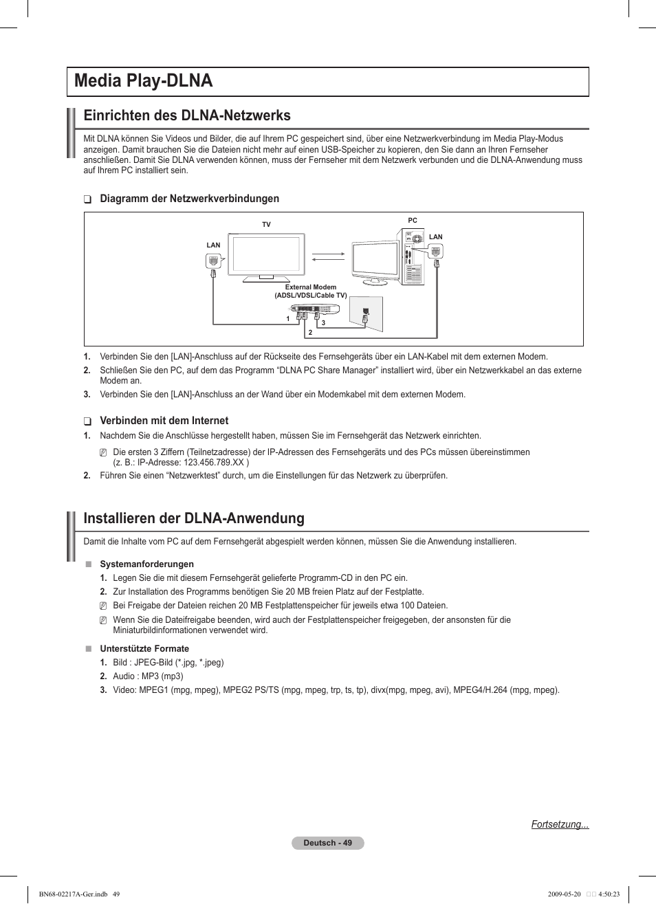 Media play-dlna, Einrichten des dlna-netzwerks, Installieren der dlna-anwendung | Samsung PS50B679S1S User Manual | Page 140 / 339
