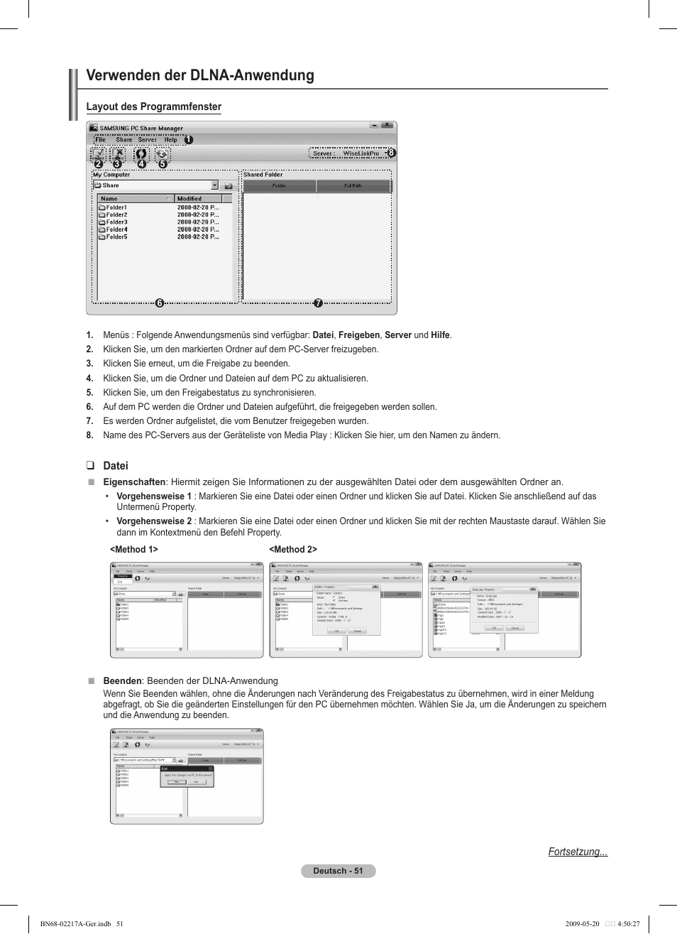 Verwenden der dlna-anwendung, Datei, Layout des programmfenster | Fortsetzung | Samsung PS50B679S1S User Manual | Page 142 / 339