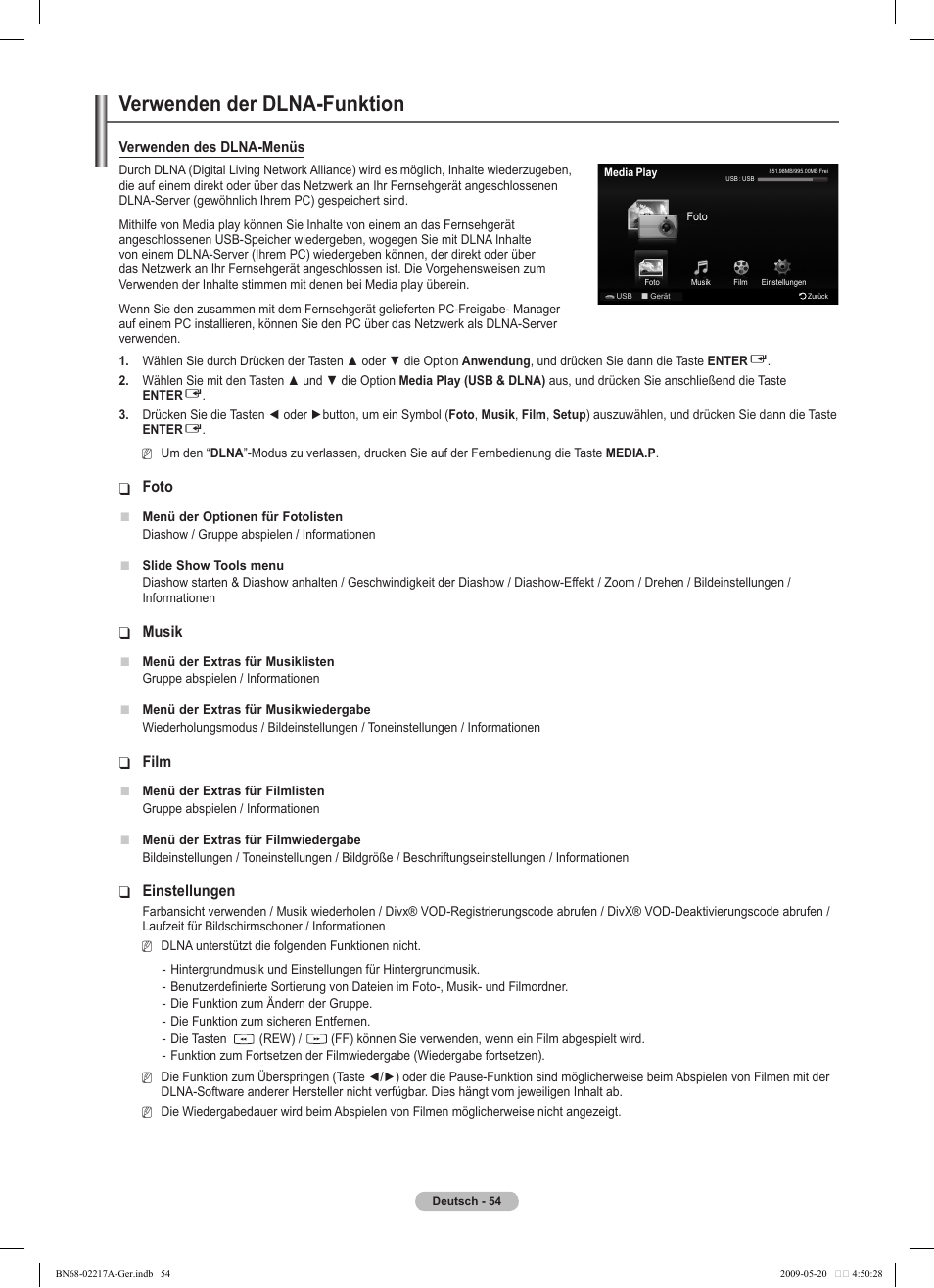 Verwenden der dlna-funktion, Foto, Musik | Film, Einstellungen | Samsung PS50B679S1S User Manual | Page 145 / 339