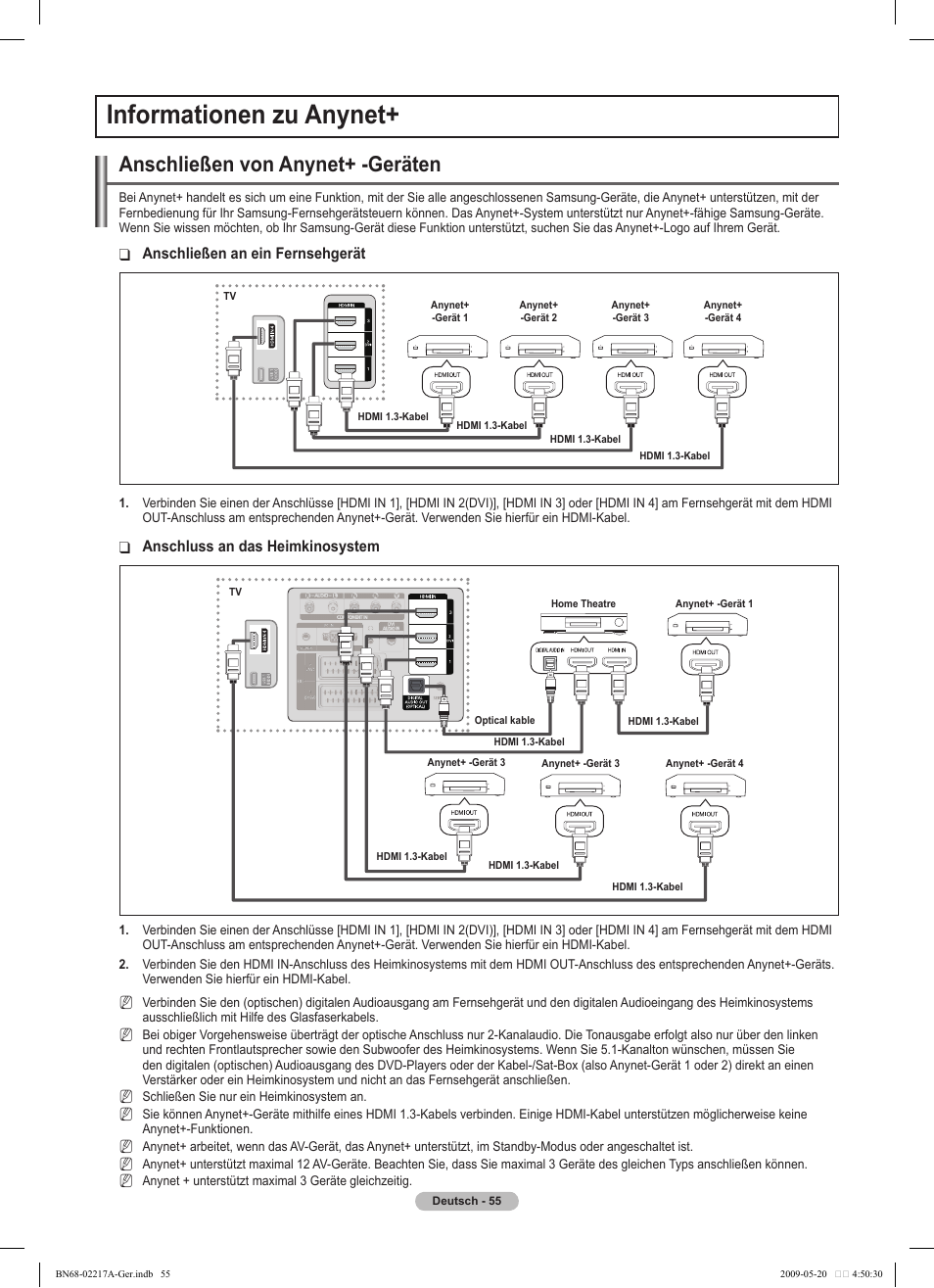 Informationen zu anynet, Anschließen von anynet+ -geräten | Samsung PS50B679S1S User Manual | Page 146 / 339
