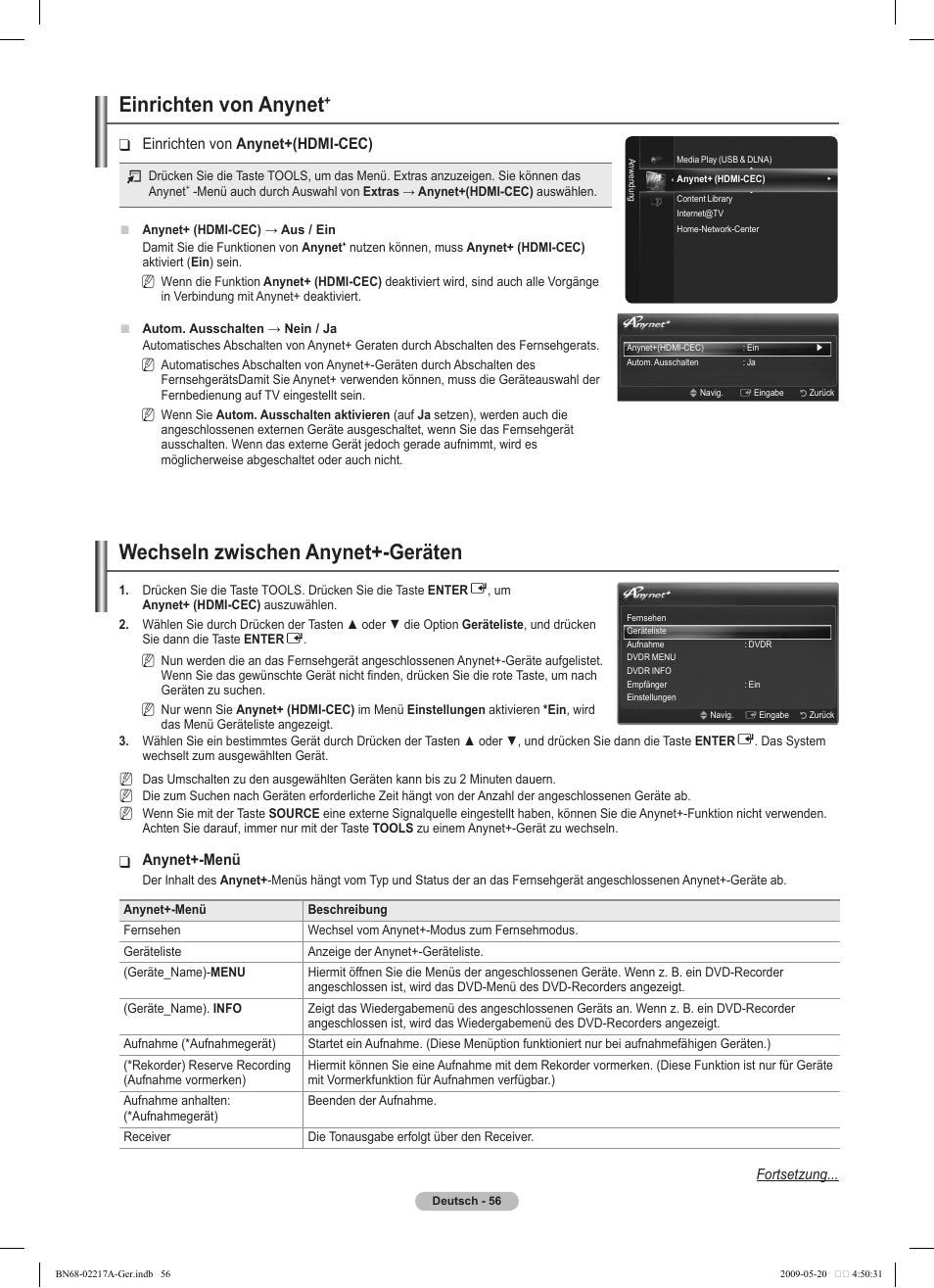 Einrichten von anynet, Wechseln zwischen anynet+-geräten, Einrichten von ❑ anynet+(hdmi-cec) | Anynet+-menü | Samsung PS50B679S1S User Manual | Page 147 / 339