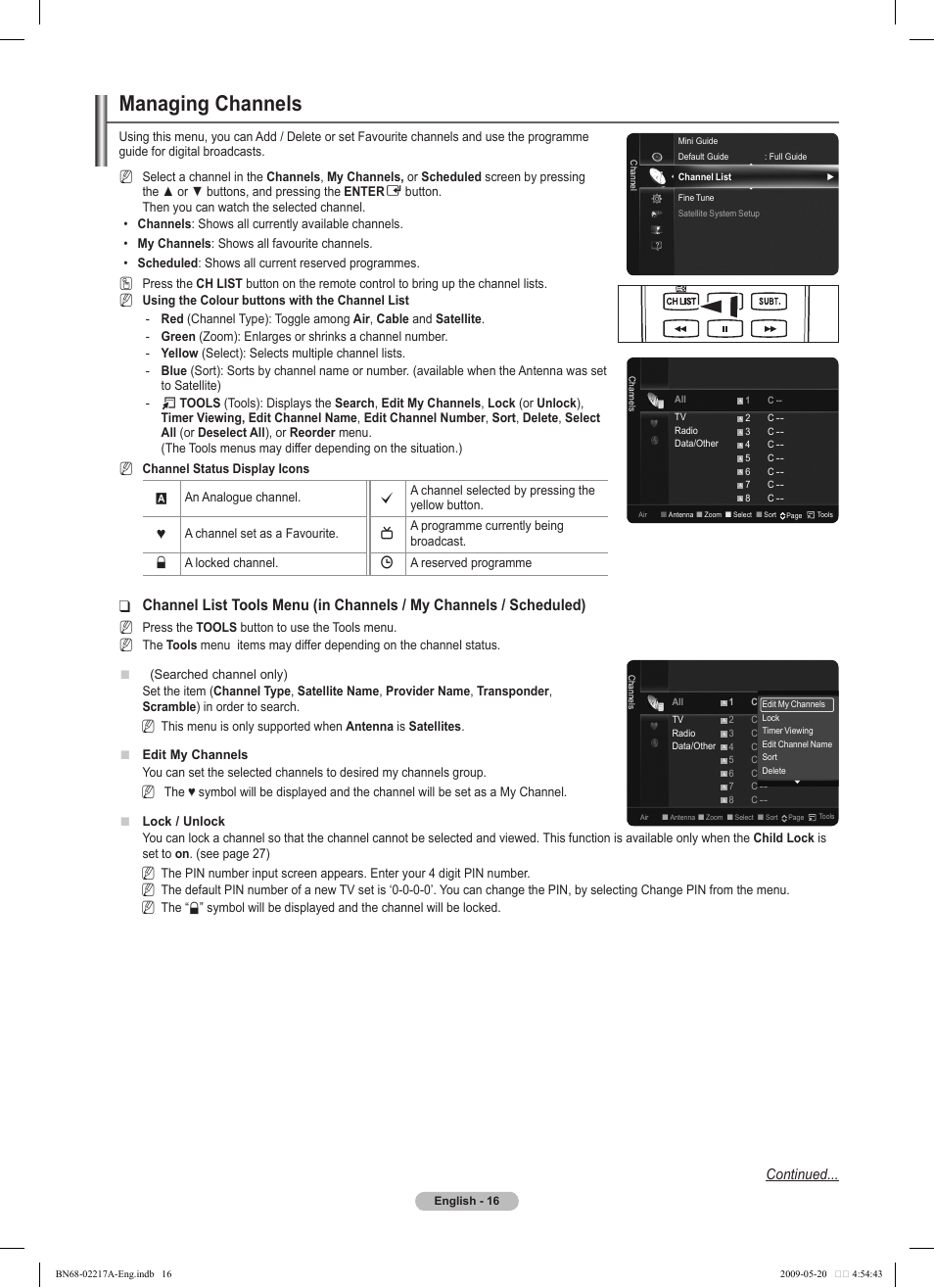 Managing channels, Continued | Samsung PS50B679S1S User Manual | Page 16 / 339