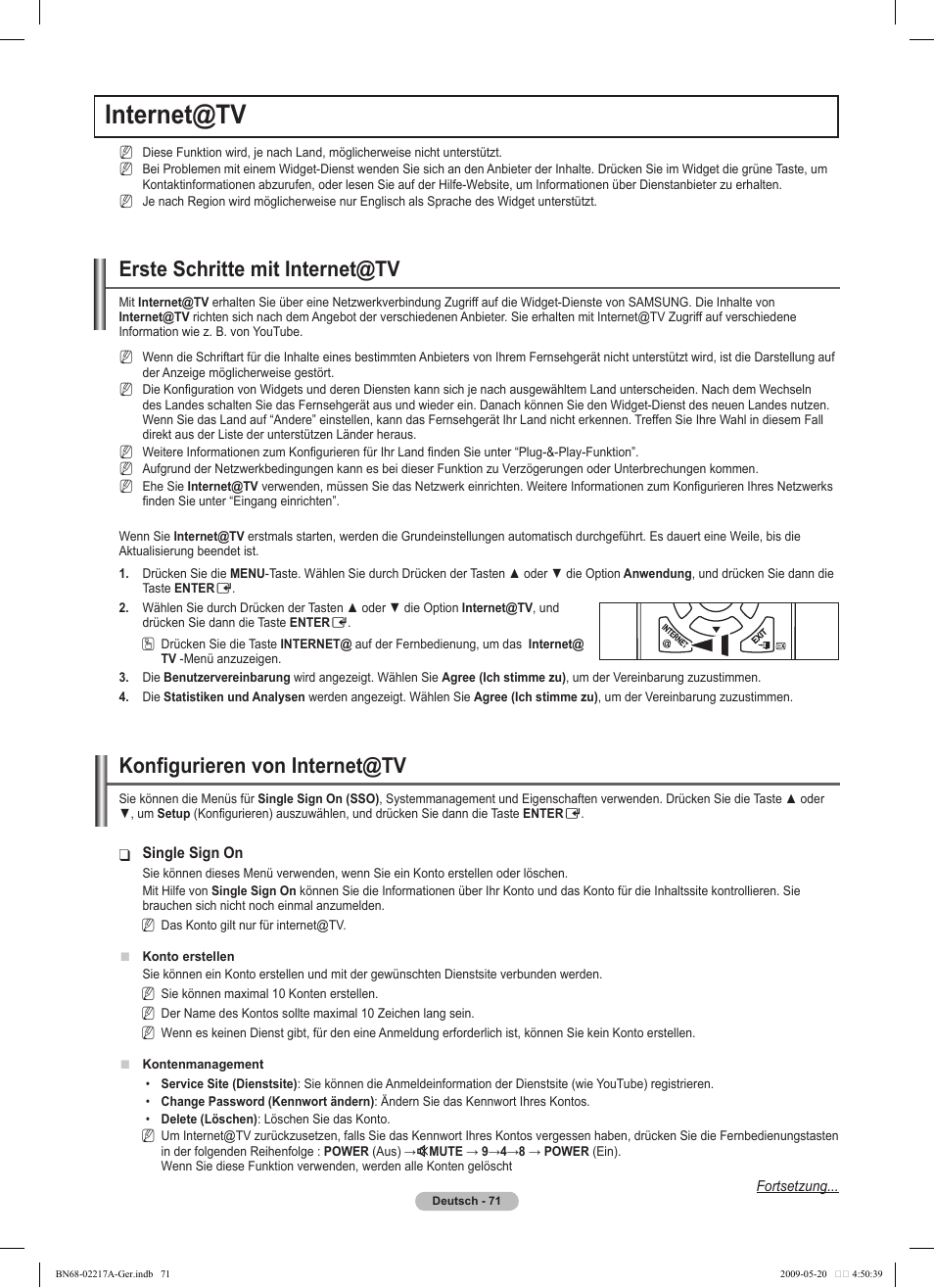 Internet@tv, Erste schritte mit internet@tv, Konfigurieren von internet@tv | Samsung PS50B679S1S User Manual | Page 162 / 339