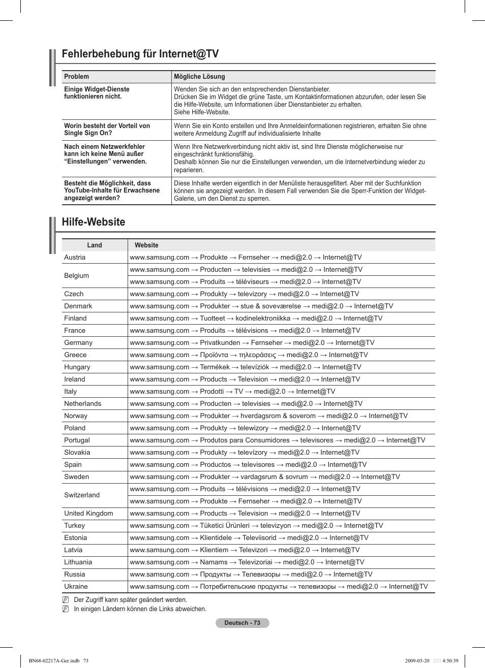 Fehlerbehebung für internet@tv, Hilfe-website | Samsung PS50B679S1S User Manual | Page 164 / 339