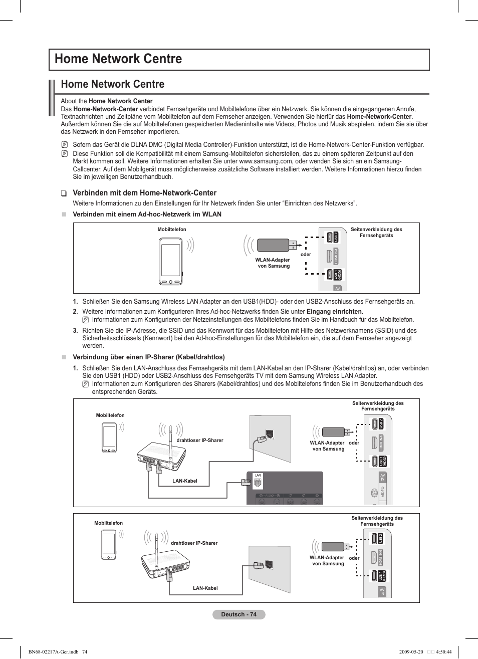 Home network centre, Verbinden mit dem home-network-center | Samsung PS50B679S1S User Manual | Page 165 / 339