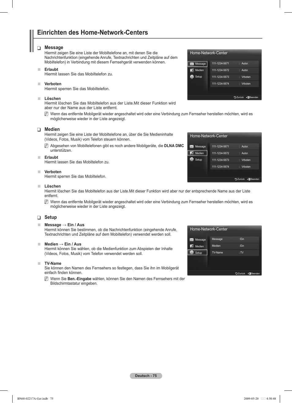 Einrichten des home-network-centers, Message, Medien | Setup | Samsung PS50B679S1S User Manual | Page 166 / 339
