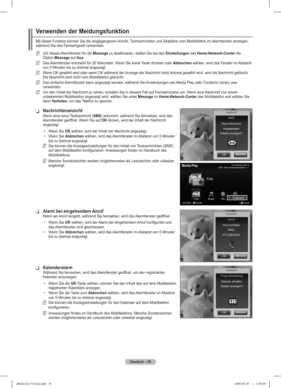 Verwenden der meldungsfunktion, Nachrichtenansicht, Alarm bei eingehendem anruf | Kalenderalarm | Samsung PS50B679S1S User Manual | Page 167 / 339