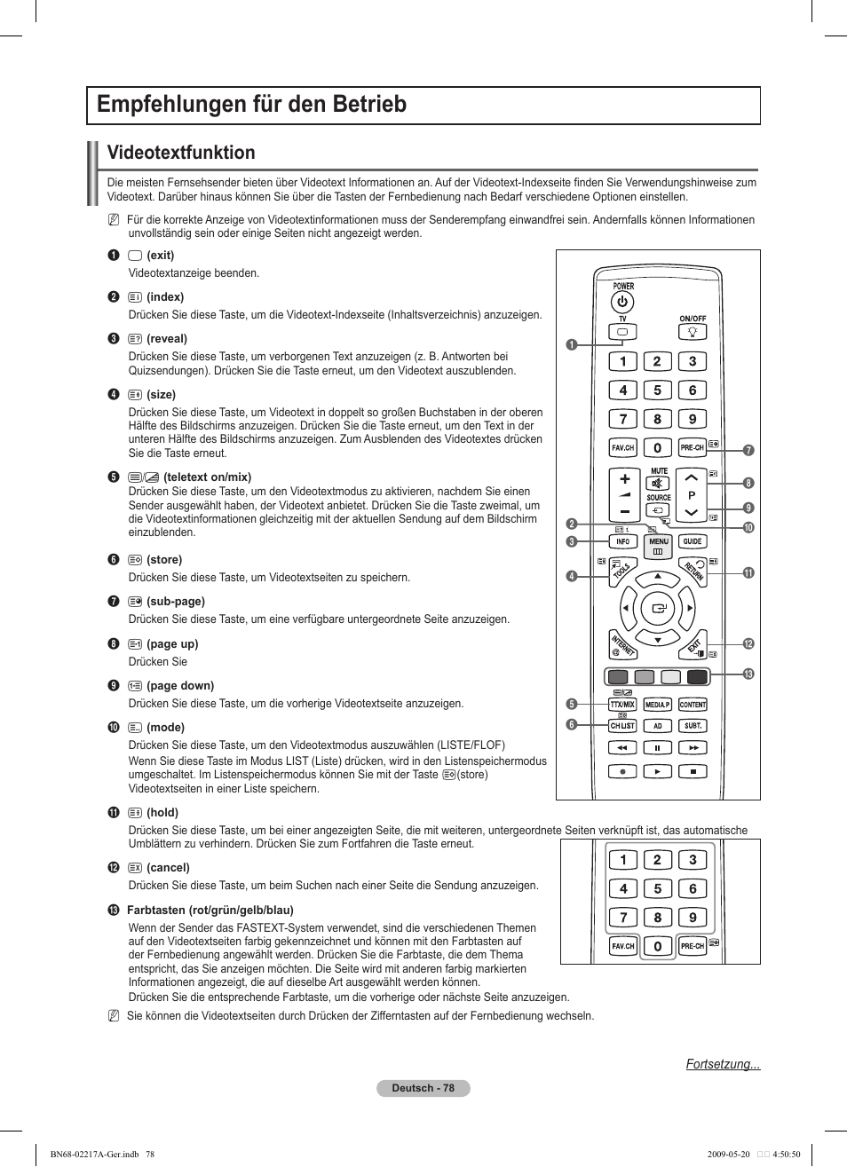 Empfehlungen für den betrieb, Videotextfunktion | Samsung PS50B679S1S User Manual | Page 169 / 339