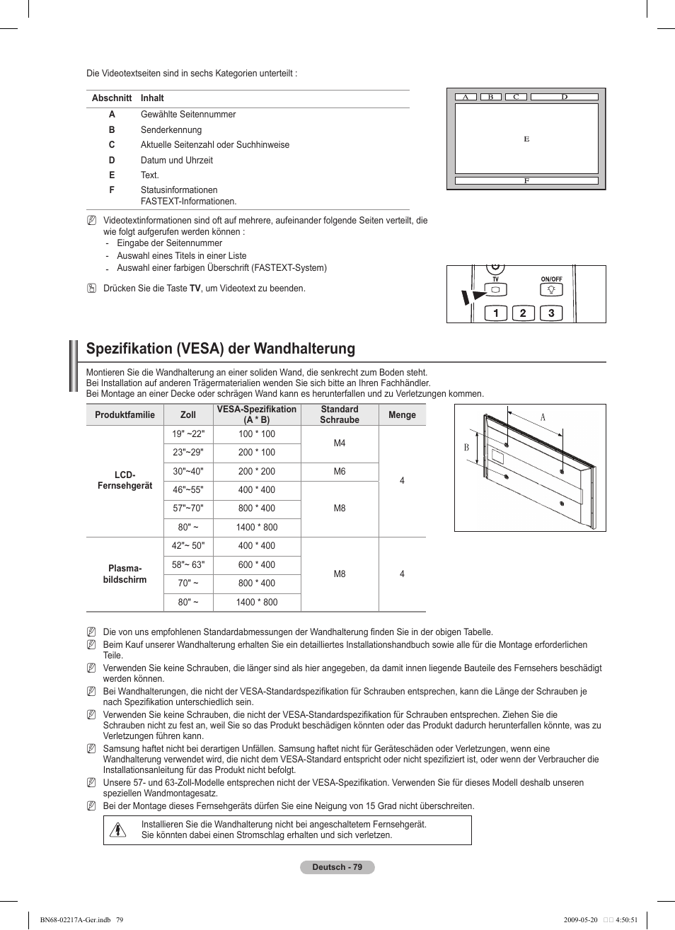 Spezifikation (vesa) der wandhalterung | Samsung PS50B679S1S User Manual | Page 170 / 339