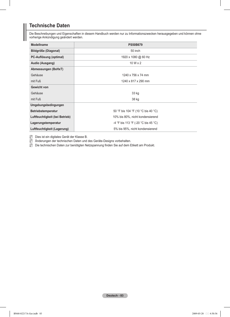 Technische daten | Samsung PS50B679S1S User Manual | Page 174 / 339