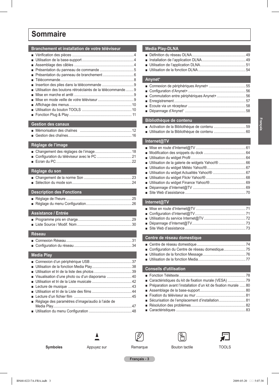 No t, Sommaire | Samsung PS50B679S1S User Manual | Page 176 / 339